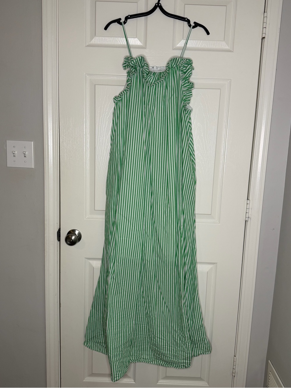 Karlie Pinstriped Dress with Ruffle Accent